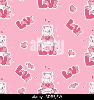 Niedlicher Teddybär Mit Nahtlosem Muster, Der Auf Einem Liebesbuchstaben Sitzt. Monochromatischer Rosafarbener Valentinstag-Hintergrund. Handgezeichneter Farbton. Vektor Il Stock Vektor