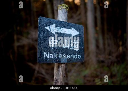 Wegweiser zum historischen Nakasendo Trail im Wald Stockfoto