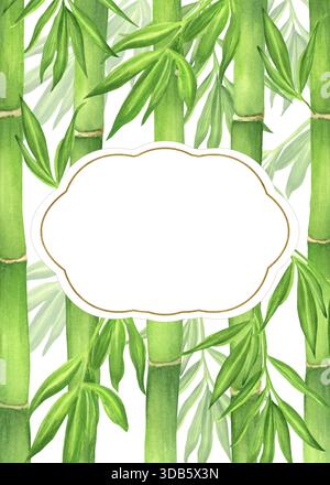 Vorgefertigte Postkarte mit grünen Bambusstämmen und Blättern auf dem Hintergrund und Kopierraum für Text. Chinesisches japanisches Gartenklipart. Handgezeichnetes Aquarell krank Stockfoto