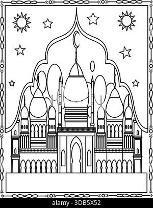 Wunderschöne Malseite für islamische Moschee für Kinder und Erwachsene. Stock Vektor