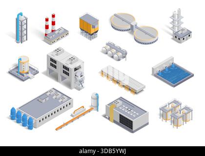 Isometrische Fabrikgebäude. Fertigungswerk. Gas- und Wasserbehältertank. Stromerzeugungsanlage. Lager und Bohrturm. Geräteherstellung. Vector Construction 3D-Elementset Stock Vektor