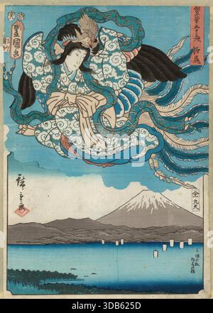 Utagawa Hiroshige und Kunisada Ejiri 1850 Farbholzschnitt Tokaido-Station szenieren gemeinsam Edo-Stil. Stock Vektor