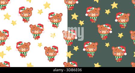 Niedlicher Weihnachtsbär, Nahtloses Muster, Zwei Farbgebungen Stock Vektor