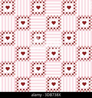 Niedliches, nahtloses Muster mit Patchwork-Herzen. Gestreifte Tapete zum Valentinstag mit Karomuster in Rot und Rosa Stock Vektor