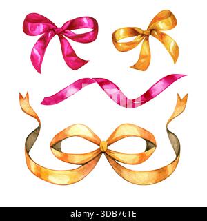 Aquarellband mit dekorativen Schleifen und fließenden Bändern in warmen Gold- und Pink-Tönen. Elegante handgemalte Elemente für Einladungen und Geschenke Stockfoto