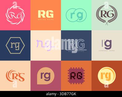 Unternehmensvorlage mit dem RG-Logo. Schriftzug der Buchstaben r und g. Setzen Sie mit Designelementen verschiedene klassische Serifenschriftarten und modernen, auffälligen Text. Anfängliche Schriftart Stock Vektor