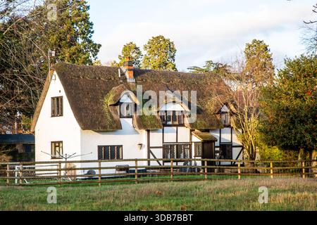 Traditionelles englisches Landhaus mit Strohdach im Warwickshire-Dorf Shottery etwa 1,5 km westlich von Stratford-upon Avon im Shakespeare-Land Stockfoto
