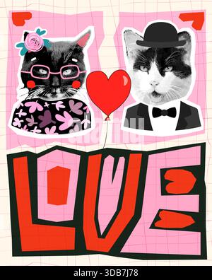 Lustige Vektor-Grußkarte, Poster oder Banner mit Halbtoncollage Katzen, auffällige skurrile geometrische Text Liebe in Rosa und Rot, Ballon, Herzen für Valentinstag Stock Vektor