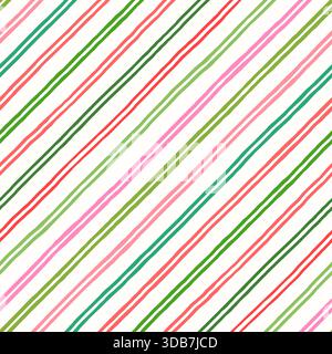 Rotes, grünes und rosafarbenes doppeltes diagonales Streifenvektor nahtloses Muster, schräge zackige Linien Weihnachtshintergrund Stock Vektor