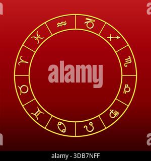 Goldenes Tierkreisrad, über rot, mit 12 Zeichen, die in der Horoskopastrologie verwendet werden. Die visuelle Darstellung des Himmels. Stockfoto