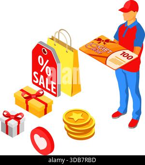 Geschenkkarten- und Treueprogramme als Teil des Retourenmarketing. Rückgaben, Zinsen, Punkte, Boni. Der Online-Support auf dem Smartphone gibt einen Geschenkgutschein Stock Vektor