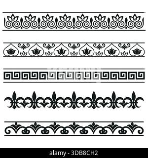 Illustrationsset aus schwarzem abstraktem geometrischem Ornament mit Vintage-Elementen auf weißem Hintergrund Stock Vektor