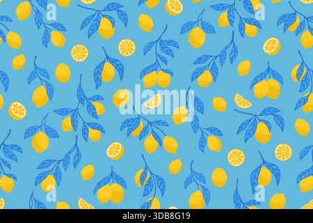 Strukturiertes, nahtloses Zitronen-Muster. Verschiedene Zitronen Zweige botanischen grenzenlosen Hintergrund. Dekorative Früchte saftige Zitrusfrüchte endloses Design für Papierdruck, Stoff Textil, Geschenkpapier Hintergrund Vorlage Stock Vektor