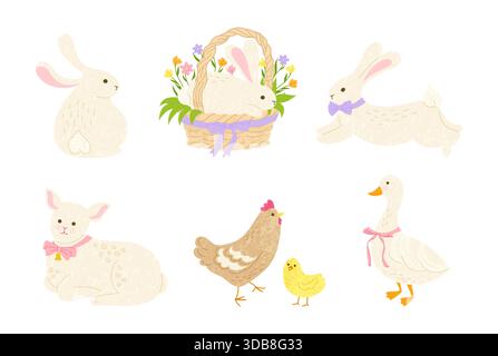 Happy Easter Comic Tierfiguren Vektor-Set. Cartoon Frühling Osterhase Hase im Korb, Hühnerküken, Gänselamm entzückende niedliche Tiersammlung für Karte, Postkarte Einladung Vektor-Illustration Stock Vektor