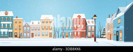 Weihnachten Winter Stadtlandschaft schneebedeckte Straße festliche Häuser Laternenpfosten Schneeflocken blauer Himmel bunte Gebäude Bäume städtisches Viertel saisonaler Hintergrund Stock Vektor