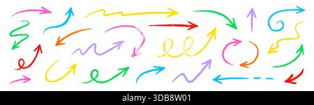 Pfeil Farbe Buntstift Linie Set. Hand gezeichnet Doodle Buntstift Kreide Textur Pinsel Kontur Farbkurve, Wellenpfeil. Sammlung von Elementen für die Zeilenkreide mit Textur und Bleistiftrichtung. Vektorabbildung Stock Vektor