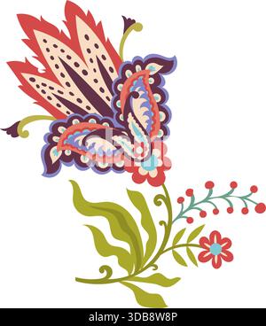 Hybrid-Ornament Mit Volkstümlichen Blumen Und Schmetterlingen Stock Vektor