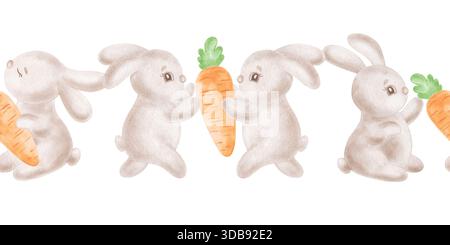 Niedliche Häschen mit nahtlosem Rand in Karotten-Aquarellen für Kinder. Rahmen mit Kopierraum für Kaninchen und Gemüse Illustration. Handgezeichnet isoliert Stockfoto