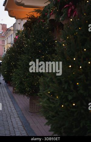 Festliche weihnachtliche Straßenszene mit beleuchteten Kiefern und hängenden Kränzen, die eine malerische Gebäudefassade auf einem Kopfsteinpflasterweg in der Abenddämmerung, twi, schmücken Stockfoto