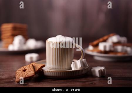 Warme und gemütliche Szene mit einem Keramikbecher mit Schaum-Getränk umgeben von Marshmallows und Keksen auf einem Holztisch, der einen rus ausstrahlt Stockfoto