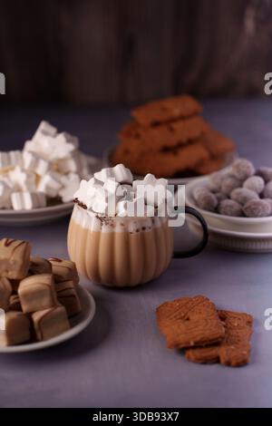 Gemütliches Ambiente im Innenbereich mit einer Tasse cremiger heißer Schokolade und sternförmigen Marshmallows, umgeben von einem Teller mit Keksen, Fudge und Trüffeln auf einem Stockfoto
