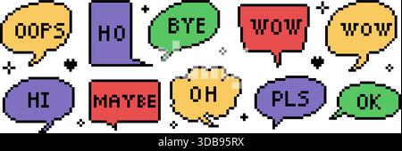 Pixel-Sprechblase eingestellt. 8-Bit-Sprechballons im Comic-Stil, Retro-Chatboxen, Textrahmen und Dialogwolken Stock Vektor