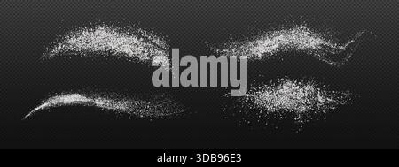 Feines Mehl oder Zuckerkristalle und Salzgranulat mit Spritzwasser-Effekt. Isolierte weiße Pulverpartikel stapeln sich mit verstreuter Staubkornstruktur auf transparentem Hintergrund für Koch- und Backdesign. Stock Vektor