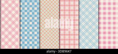 Set aus kariertem vichy-Material im Kinderstil. Gingham-Tartan-Hintergrund für Textilien, Verpackungen und Kinderbekleidung Stock Vektor