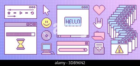 Y2K-Retro-Pixel-Spieloberfläche mit Vintage-Fensterrahmen, alten Bildschirmsymbolen und ui-Elementen. Violette Farbverläufe mit Cursor und lächelndem Gesicht, Herz und Ordner im nostalgischen Stil. Stock Vektor