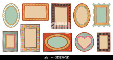 Gezeichnete y2k-Rahmenkollektion mit niedlichen Wellenkanten und rechteckigen Designs. Farbenfrohe Vintage-Dekoelemente mit karierten Mustern, gestreiften Texturen und Herzmotiven für Retro-Projekte. Stock Vektor