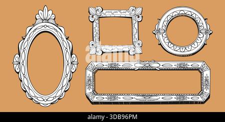 Handgezeichnetes barockes Rahmenset. Vektor-Illustration von Vintage Oval, quadratisch, runde Grenze mit floralem Kritzelverzierung, klassische Dekoration für Foto, Spiegel oder Malerei, Innenraum, Kunstgalerie Dekor Stock Vektor