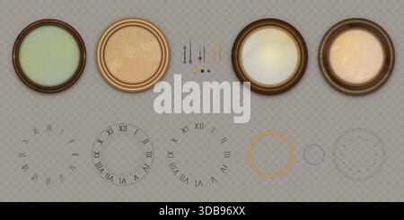 Vintage-Uhrengestaltungskit mit klassischen römischen Ziffern und goldenen Zeigern. DIY Set aus antiken Uhrenscheiben, eleganten Zifferblättern und dekorativen Pfeilen für zeitlose Uhrwerke aus Holz oder Metall Stock Vektor