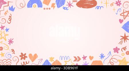 Kindergarten Buntstiftrahmen mit verspielten Kritzeleien in Pastellfarben. Handgezeichnete Bleistiftskizzen von Sternen und Herzen, Blumen, Pfeilen und abstrakten Formen auf weichem Hintergrund für Kinderdesigns. Stock Vektor