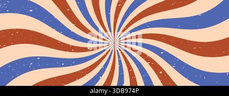 Retro Swirl Sunburst Hintergrund. Groovige Süßigkeitenwelle. Spiralstrahlenstarburst-Muster mit komischer Textur. Burst-Effekt bg Stock Vektor