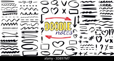 Große Kritzeleien und Tintenkritzeleien. Handgezeichnete Stiftzüge, Pfeile, Zeiger, Textmarker für Notizen. Skizzen zum Erstellen von Infografiken und Journalin Stock Vektor