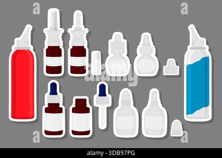 Illustration zum Thema großes farbiges Set verschiedene Arten von Sprühgeräten, Pipette für Krankenhaus, Sprühgerät bestehend aus Sammlungszubehör aus gummierter pi Stock Vektor