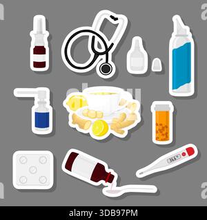 Illustration zum Thema große farbige Set verschiedene Arten von Sirup in Fläschchen, Stethoskop für Krankenhaus, Stethoskop bestehend aus Sammlung Zubehör Sirup Stock Vektor