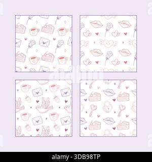 Set aus nahtlosem Muster mit niedlichen handgezeichneten Herzen und romantischen Elementen zum Valentinstag Stock Vektor