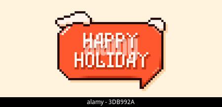 Weihnachtspixel-Kunst-Sprechblase mit Happy Holiday-Text und Schneehaufen. Stock Vektor