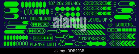 Pixel Art Set aus Ladebalken und Spielelementen im Stil der 90er Jahre Grüne Symbole auf blauem Hintergrund. Stock Vektor