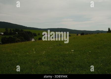 Ruhige Landschaft mit üppigen grünen Hügeln, Wildblumen und einem malerischen Dorf im Inneren. Stockfoto