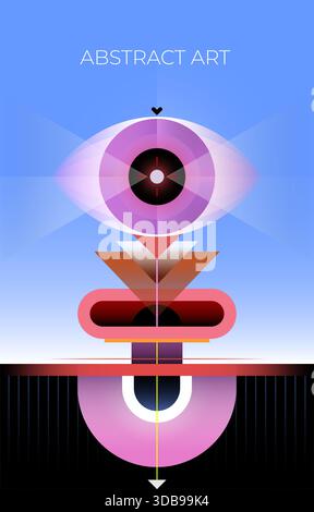 Abstraktes Design, das eine Blume oder ein Gebäude zeigt, das aus dem Boden auftaucht, mit einem großen Auge gekrönt, mit viel Kopierraum. Moderne Kunstvektoren Stockfoto
