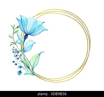 Transparenter Blumenkranz in Aquarellfarben. Goldener Glitzerrahmen. Elegante runde Kartenschablone mit blauen Blumen und Platz für Text. Botanische Blüte Stockfoto