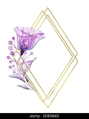 Aquarelldurchsichtige Blumen mit goldenem Glitzerrahmen. Elegante vertikale Kartenschablone mit violetten Blüten und Glitzerfolie. Platz für Text Stockfoto