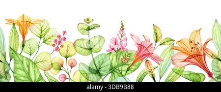 Nahtloser Rand in Aquarellen mit tropischen Blumen. Horizontale Komposition mit transparenten Orangenblüten, Lilien- und Eukalyptusblättern. Botanik Stockfoto