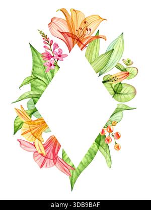 Vorlage mit Blumenmotiv. Vertikaler Rautenrahmen mit Platz für Text. Transparente Orangenblüten, Lilien- und Eukalyptusblätter. Botanisches tropisches Stockfoto