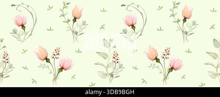 Nahtloses Blumenmuster in transparenter Rose. Aquarellrosa Blumen und Blätter in klassischer Anordnung auf grünem Hintergrund. Isoliert handgezeichnet Stockfoto