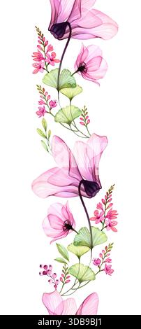 Nahtloser vertikaler Rand in Aquarellfarben. Transparente rosa Azaleen, Freesie, Rosenblüten und Blätter. Botanische Illustration für Hochzeitsdesign, Tapeten Stockfoto