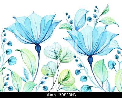 Transparente blaue Glockenblumen in Aquarell. Nahtlose vertikale Blumentabelle. Isoliertes handgezeichnetes Arrangement mit Blütenblättern, Blättern und Stockfoto