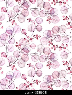 Transparentes, nahtloses Blumenmuster aus Eukalyptus. Violette Zweige und Blätter mit Vintage-Beeren. Isolierter, handgezeichneter Hintergrund für Stockfoto